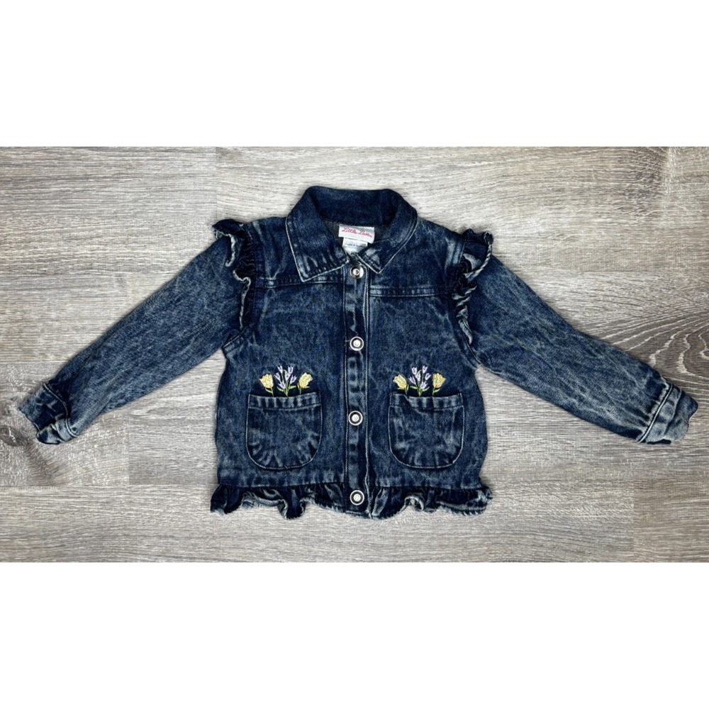 Little Lass Toddler‎ Girl Ruffle Denim Jacket Floral Applique Size 24 Months